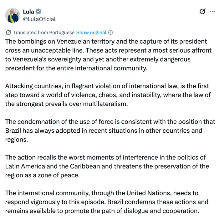 Sammendrag av tekst: Innlegget fordømmer nylige bombeangrep i Venezuela, oppfordrer til dialog og kritiserer eksterne intervensjoner i latinamerikansk politikk