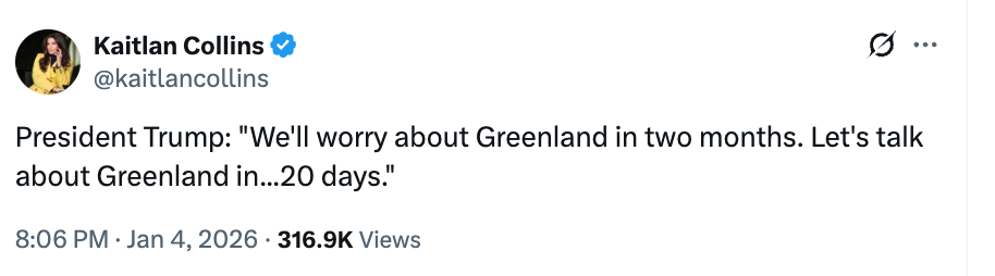 Tweet fra Kaitlan Collins som siterer president Trump: «Vi vil bekymre oss for Grønland om to måneder. La oss snakke om Grønland om...20 dager."