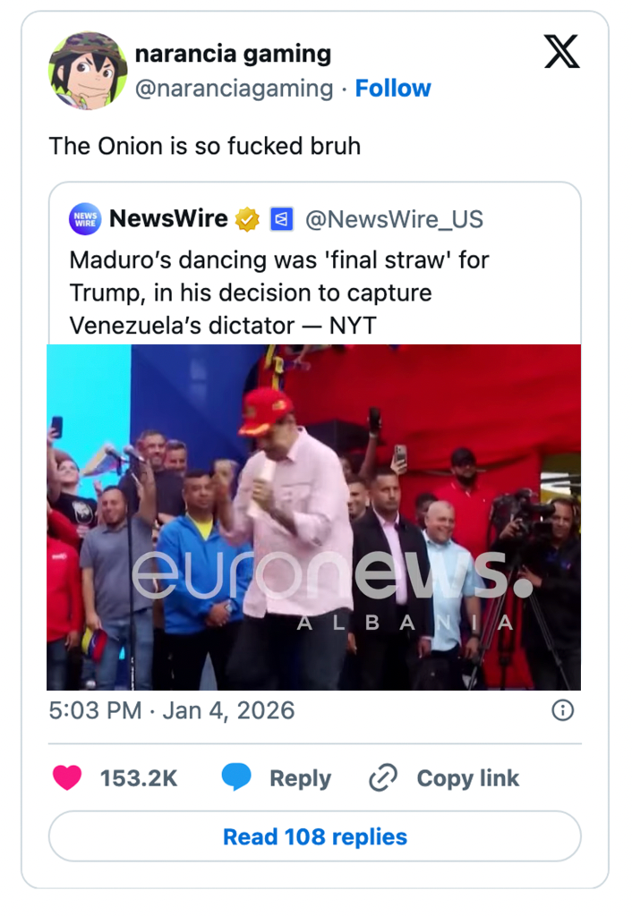 En redigert tweet hevder humoristisk at Maduros dans påvirket Trumps beslutning om å handle mot Venezuelas leder, delt av en populær konto