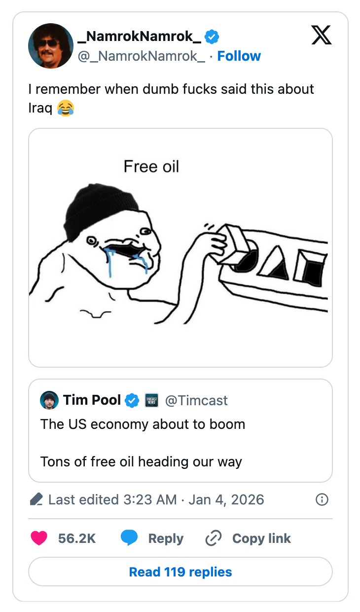 Tegneserie viser en person som gråter over olje merket 