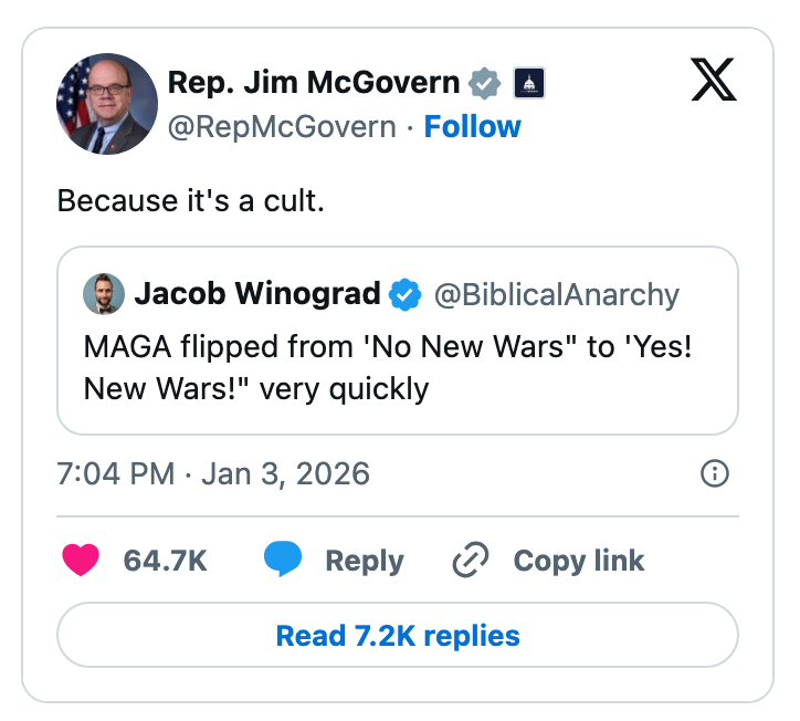 Tweet av representant Jim McGovern: "Fordi det er en kult." Svar på Jacob Winograds tweet om MAGAs holdning til kriger snur raskt