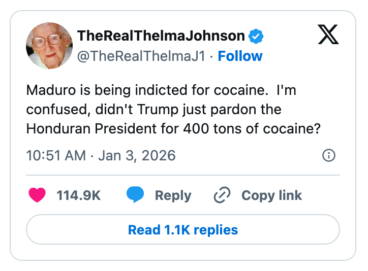 Sosiale medier stiller spørsmål ved hvorfor Maduro er tiltalt for kokain, mens Trumps benådning av Honduras president for 400 tonn kokain ikke behandles