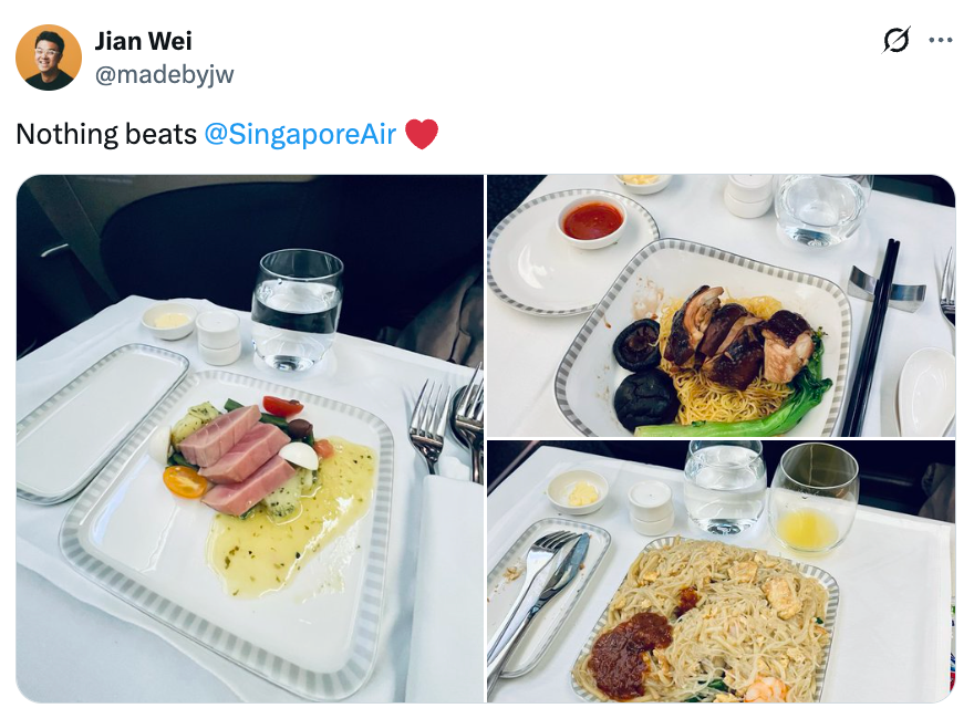 Tre flymåltider: kjøtt i skiver med saus og grønnsaker, and med nudler og stekt ris med reker og chilipasta