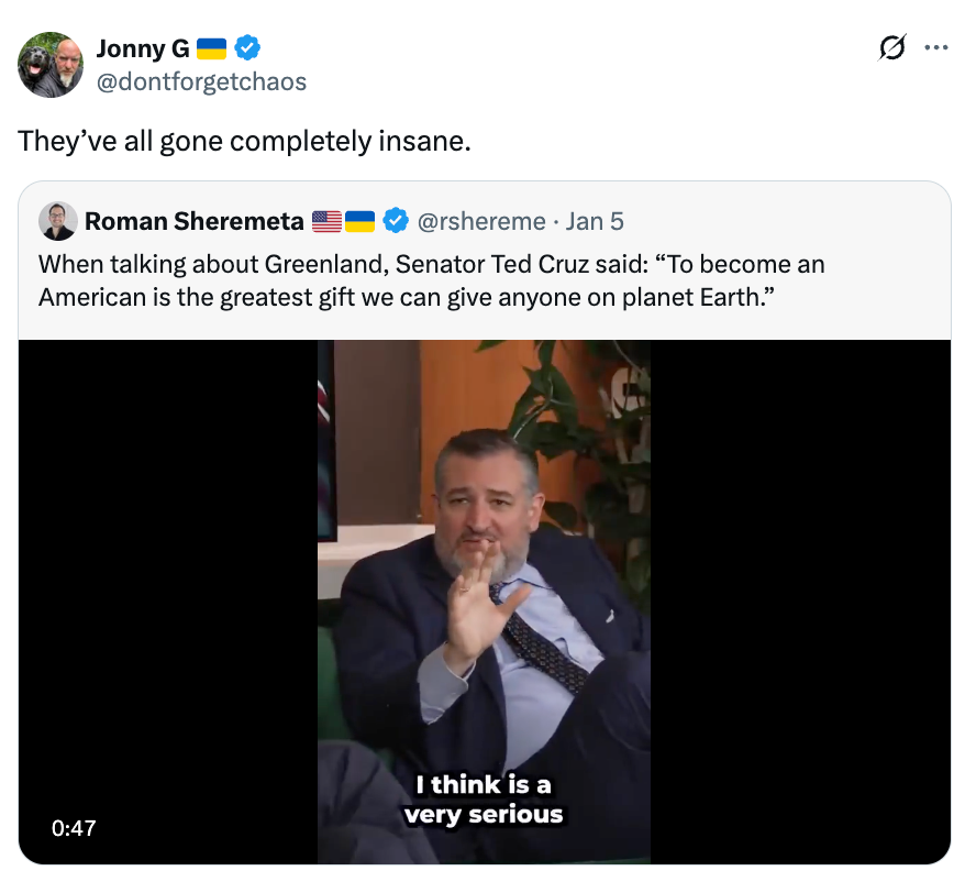 Skjermbilde av en tweet der Ted Cruz snakker, med teksten 