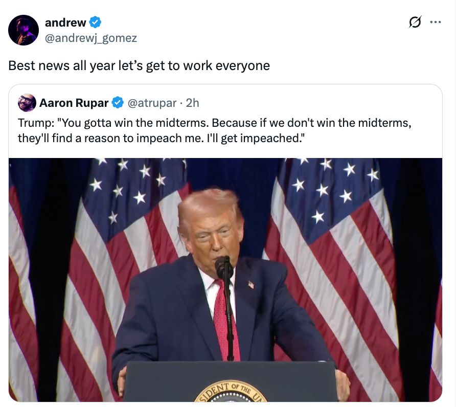 Tweet som viser en tale av en offentlig person som diskuterer mellomperioder og riksrett, med en bildetekst som oppmuntrer folk til å jobbe hardt hele året