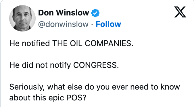 Tweet av Don Winslow som kritiserer noen for å varsle oljeselskaper, men ikke Kongressen, og kaller dem en 