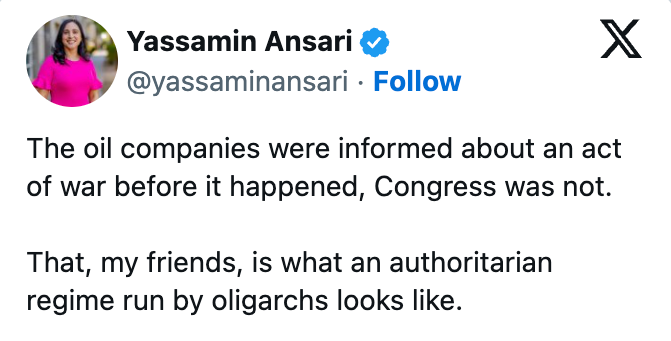 Yassamin Ansaris tweet kritiserer at oljeselskaper blir informert om en krigshandling før kongressen, og kaller det et tegn på et autoritært regime