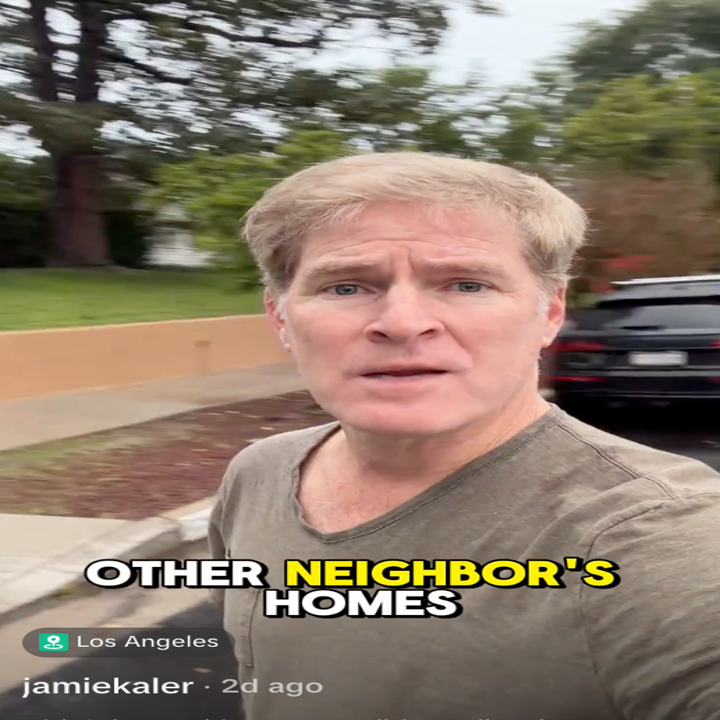 En person står utendørs med et bekymret uttrykk. Tekstoverlegg: "ANDRE NABOERS HJEM." Sted merket som Los Angeles