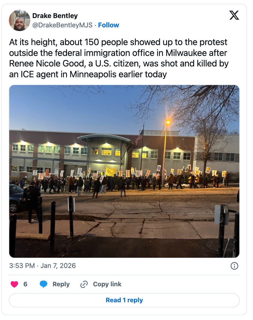Protest utenfor Milwaukee immigrasjonskontor; 150 mennesker samles etter amerikansk statsborger drept av ICE-agent i Minneapolis