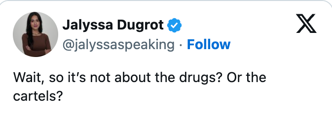 Tweet spørrende om noe ikke handler om narkotika eller karteller, av bruker Jalyssa Dugrot