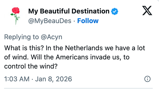 En tweet som spør om amerikanere vil invadere Nederland for å kontrollere vinden på grunn av dens overflod