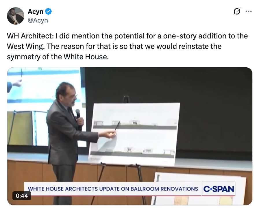 Person som peker på arkitektoniske planer; teksten diskuterer potensielle West Wing-tilskudd for å gjenopprette symmetrien i Det hvite hus