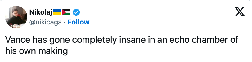 Tweet av Nikolaj sier: "Vance har blitt helt gal i et ekkokammer han selv har laget."