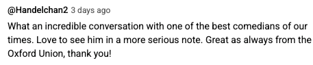 Kommentar på sosiale medier som berømmer en komikers opptreden ved Oxford Union, og noterer et skifte til en mer seriøs tone
