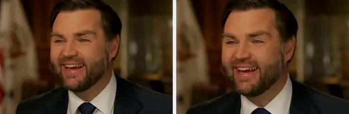 Smilende mann i dress og slips under et intervju, vist i to side-ved-side-rammer