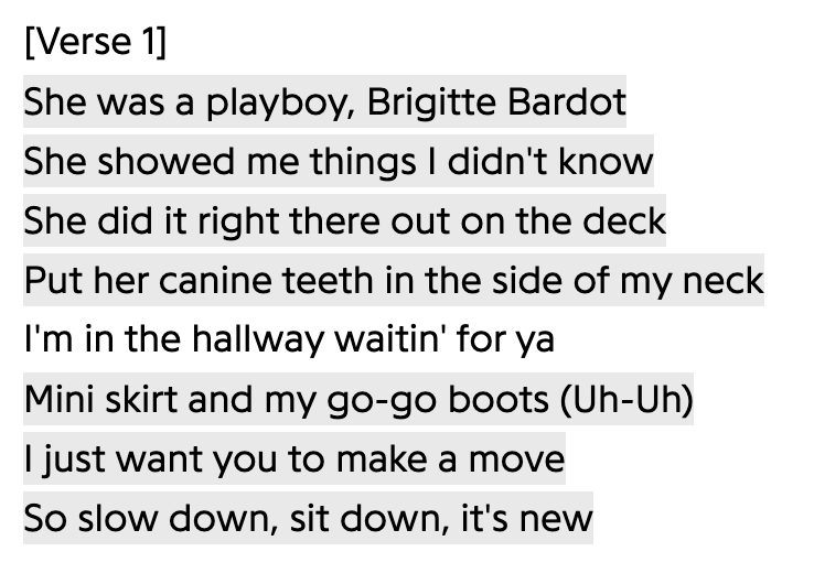 Tekster fra en sang som beskriver en karakter og tidligere erfaringer, med fokus på et lekent og eventyrlig møte