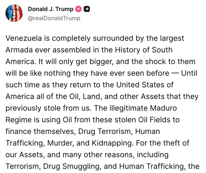 Sammendrag av et innlegg på sosiale medier som tar for seg Venezuelas situasjon, og nevner tilstedeværelse av utenlandsk armada, påstått tyveri av eiendeler og problemer som terrorisme og menneskehandel