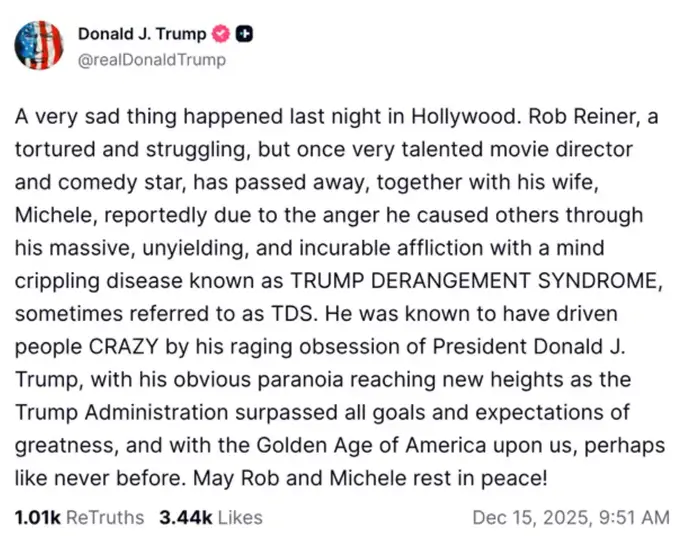 Et online-innlegg uttrykker kondolanser for Rob Reiner, og nevner hans kamp med Trump Derangement Syndrome og dedikasjon til lidenskaper