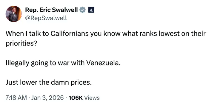 Tweet fra rep. Eric Swalwell om kalifornere som prioriterer lavere priser fremfor konflikt med Venezuela