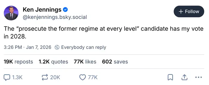 Skjermbilde av en tweet av Ken Jennings som støtter en kandidat som lover å straffeforfølge det tidligere regimet i valget i 2028