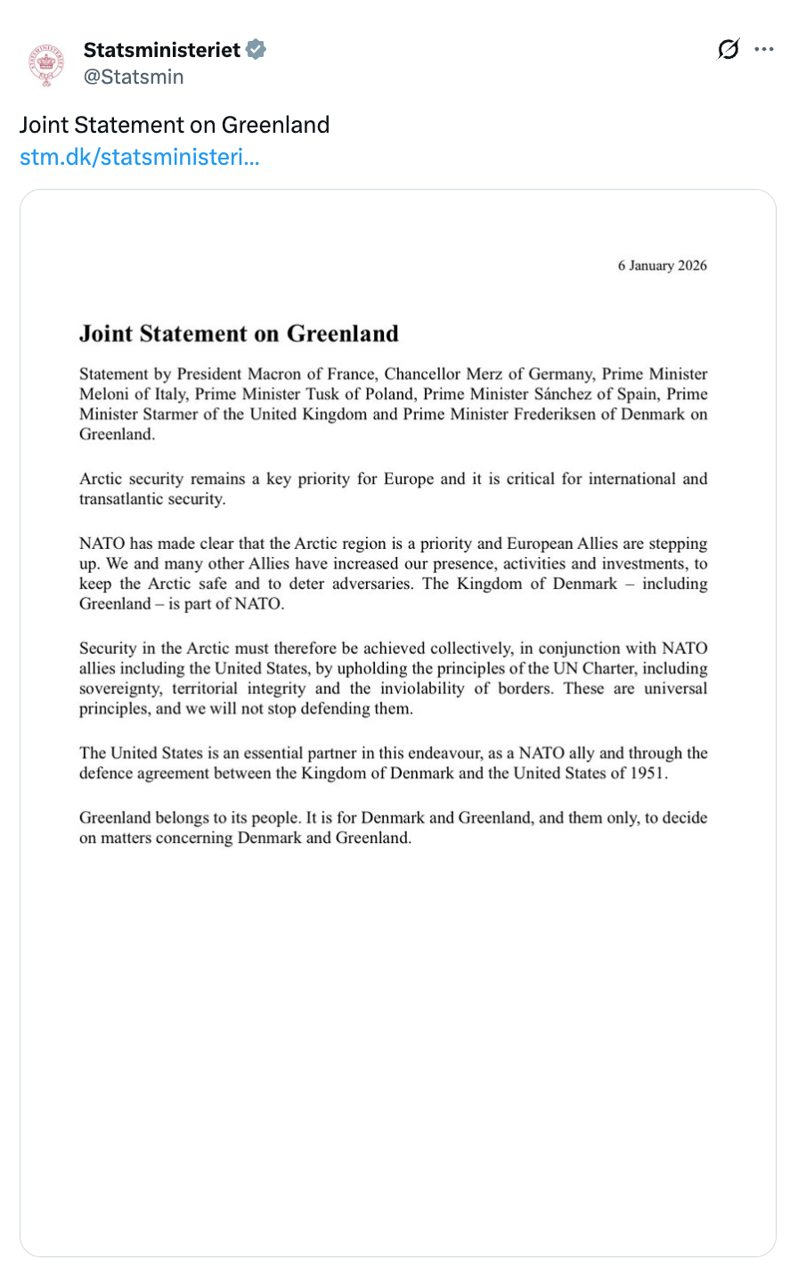 Sammendrag av felles uttalelse om Grønland: Europeiske ledere legger vekt på sikkerhet, stabilitet og bevaring av Arktis. De oppfordrer til internasjonalt samarbeid og anerkjenner Grønlands suverenitet