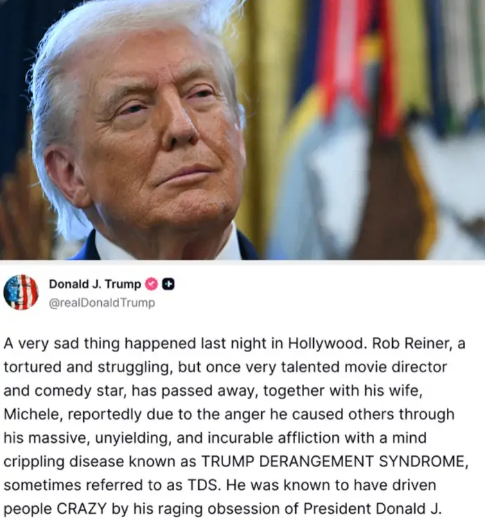 Bilde av en tweet av Donald J. Trump, som diskuterer Rob Reiners bortgang og kommenterer 