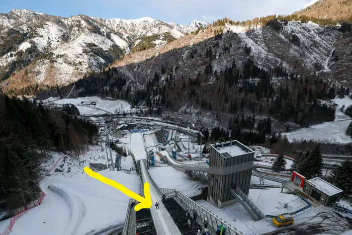 Hoppanlegg i snødekte fjellomgivelser med hoppramper og skogkledd landskap. Folk er synlige i nærheten av anlegget