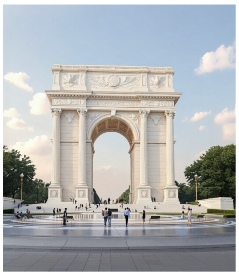 En digital gjengivelse av en nyklassisistisk bue som ligner Paris' Triumfbue, omgitt av noen få mennesker i en parkomgivelse