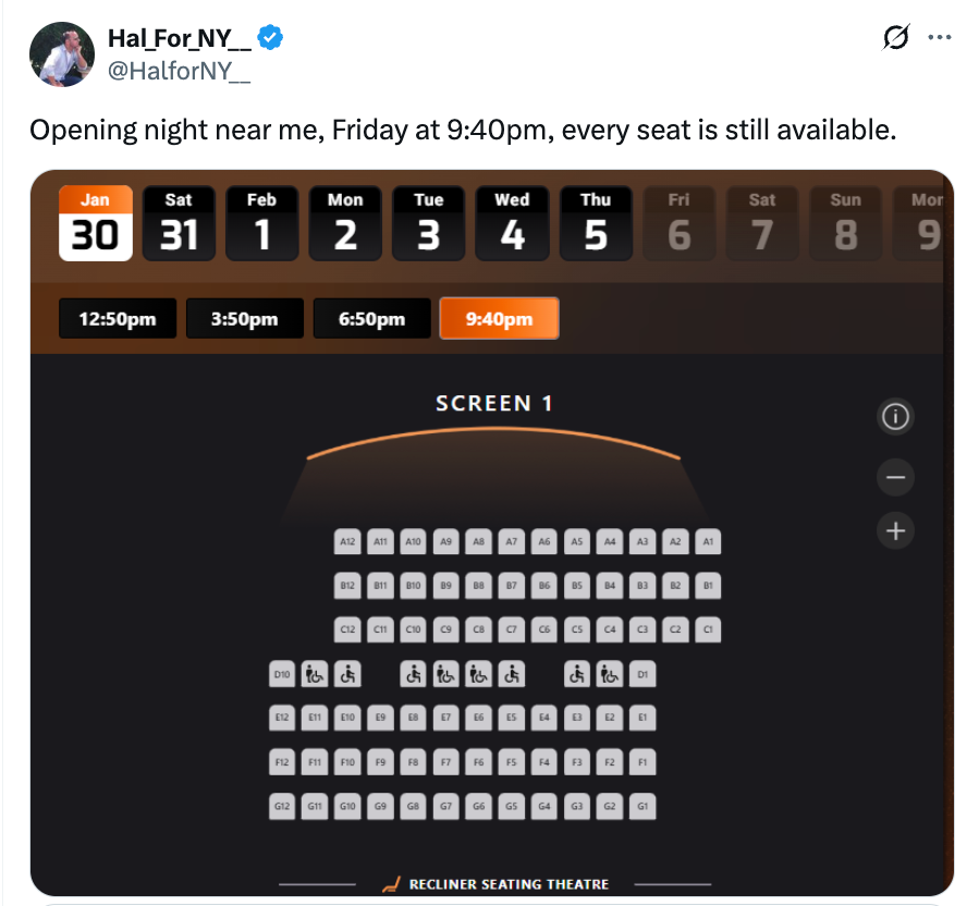 Sitteoversikt for kino for 30. januar kl. 21.40 som viser tilgjengelige seter