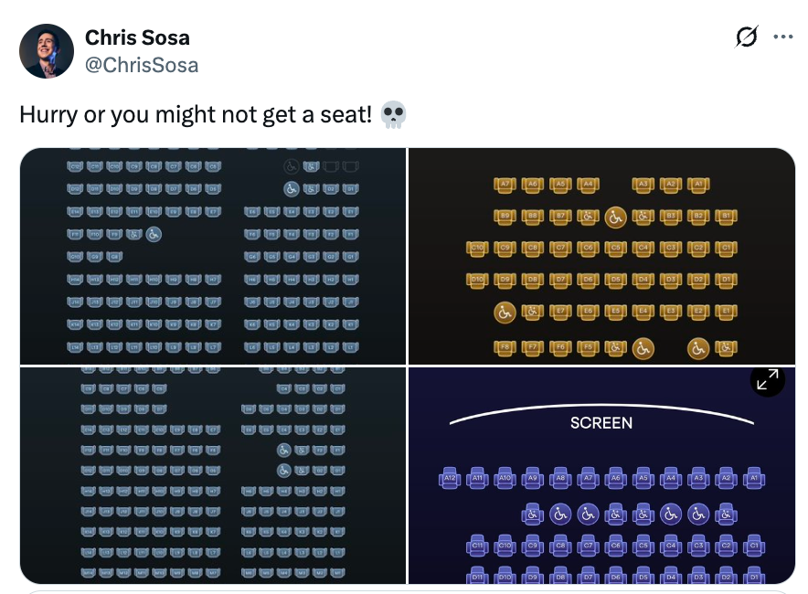 Kinositteoversikt som viser tilgjengelige og okkuperte seter. De fleste setene er tomme med noen opptatt, noe som indikerer at det er nok tilgjengelig