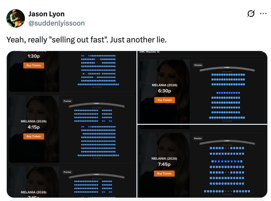 Tweet av Jason Lyon som viser flere billettplasseringslister for "Melania" viser med mange ledige seter, noe som tyder på at billetter ikke blir utsolgt fort