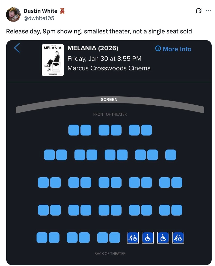 Tweet av tomt sitteoversikt for "Melania (2026)" på Marcus Crosswoods Cinema 30. januar kl 21.00. Bildetekst ingen billetter solgt
