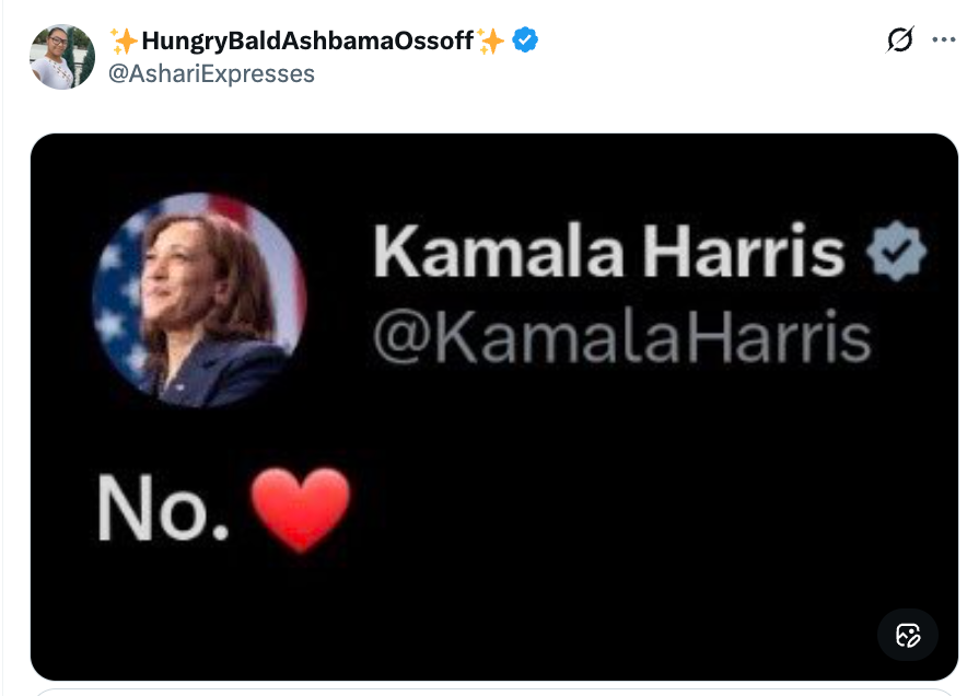 En tweet-parodi viser en Kamala Harris-profil med teksten