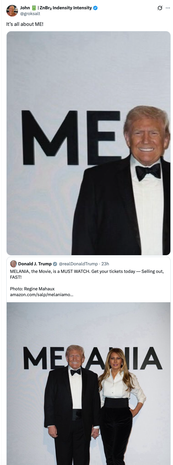 Mann i smoking poserer med kvinne i elegant antrekk foran "MELANIA" skilt. Et annet bilde viser mannen alene med "MEG" i bakgrunnen