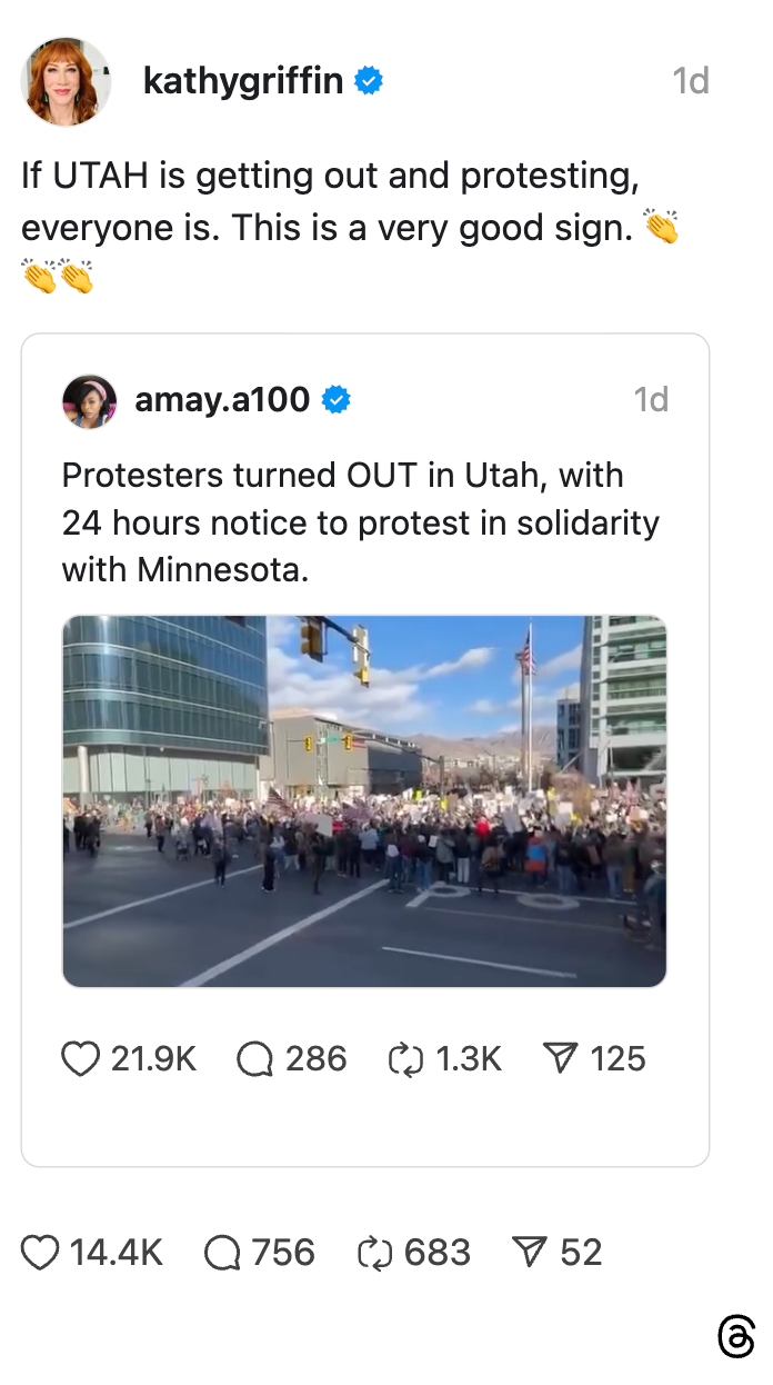 Innlegg på sosiale medier av Kathy Griffin som fremhever en protest i Utah, viser solidaritet med Minnesota, kjent som en betydelig begivenhet