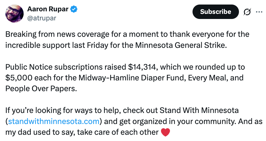 Tekst som oppsummerer en takk for støtten under Minnesota General Strike, nevner innsamlede midler til flere årsaker, og oppfordrer til samfunnsengasjement