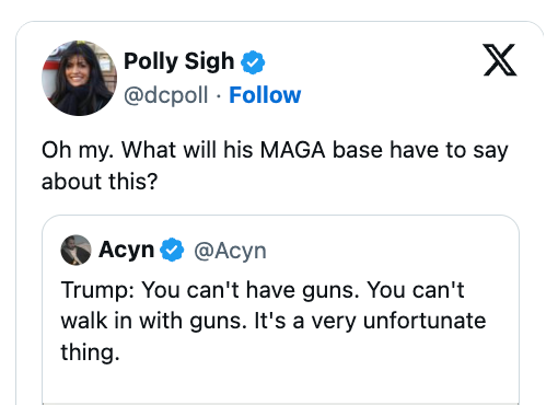 Tweet som stiller spørsmål ved tidligere presidents holdning til våpenkontroll, og siterer en uttalelse om at våpenrestriksjoner er uheldig