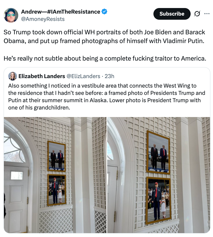 Innrammede bilder av Trump og Putin henger i et arkitektonisk område. Tweet-kommentarer om å erstatte Obama- og Biden-portretter med disse