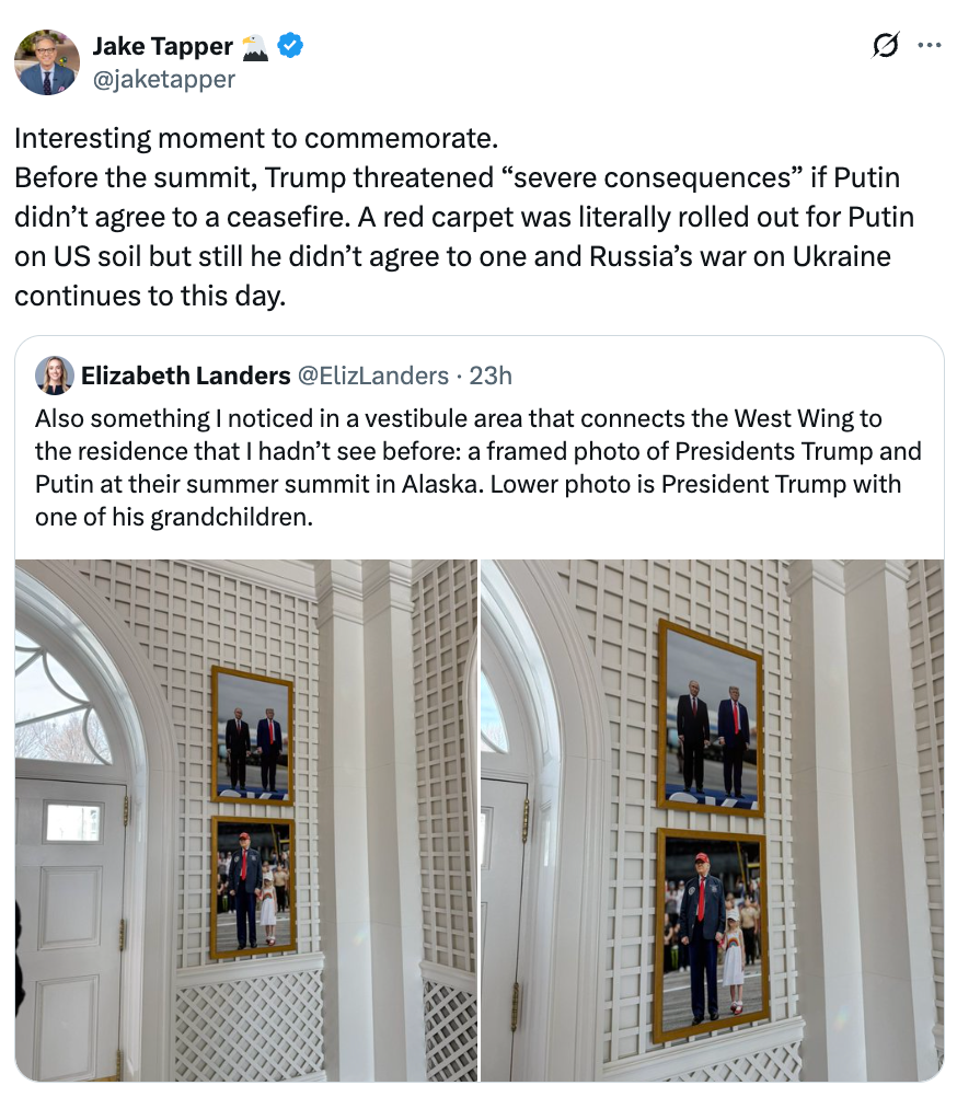 Tweet av Jake Tapper om at Trump truer med konsekvenser for Putin før toppmøtet, og fremhever bilder av Putin og Trumps møte i Alaska