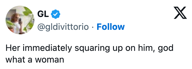 Tweet av GL: "Hun brøyter seg umiddelbart på ham, gud for en kvinne."