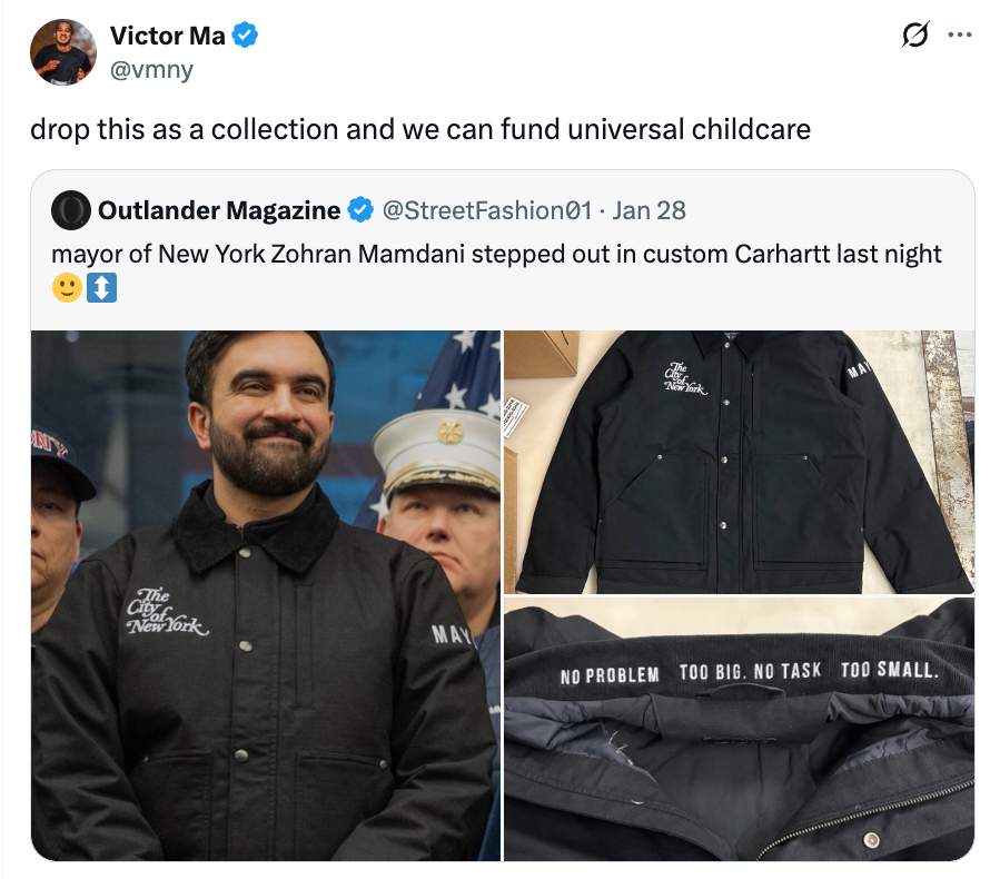 Tweet av Victor Ma fremhever Zorhan Mamdani i en tilpasset Carhartt-jakke, merket