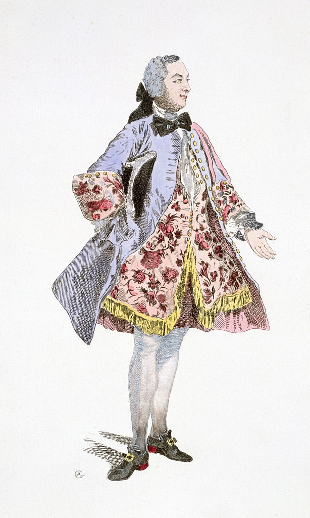 1700-tallsaristokrat i utsmykket, blomsterfrakk med brede ermer og blondemansjetter, med trehjørninghatt, stående i profil