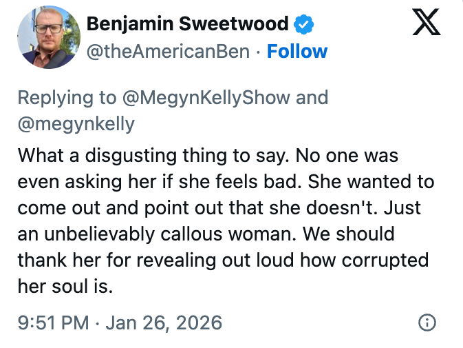 Tweet av Benjamin Sweetwood som kritiserer noen for å komme med en ufølsom kommentar og stille spørsmål ved deres empati og karakter