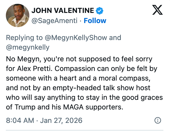 Svar på @MegynKellyShow som kritiserer medfølelse uttrykt for Alex Pretti, og nevner MAGA-supportere' innflytelse på talkshowverter