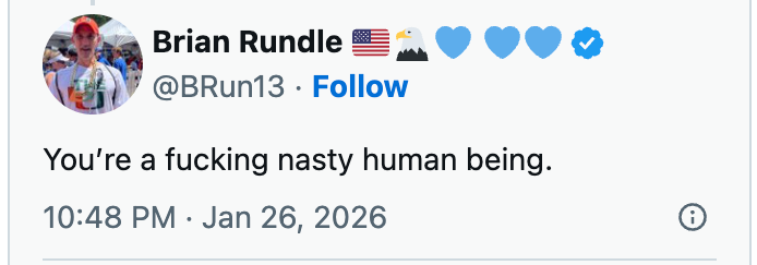 Tweet fra bruker Brian Rundle klokken 22:48 26. januar 2026: