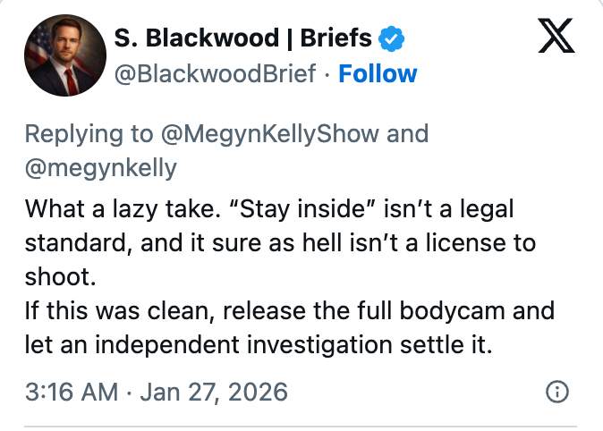 Tweet av S. Blackwood som kritiserer en uttalelse om juridiske standarder og ber om en fullstendig bodycam-utgivelse og uavhengig etterforskning, datert 27. januar 2026