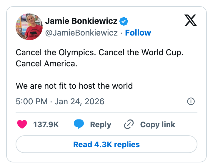 Tweet av Jamie Bonkiewicz som ringer for å avlyse OL, VM og Amerika, og sier