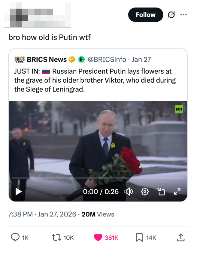 Tweet som viser en video av Putin som legger blomster ved en grav. Tweet kommentarer om alderen hans. Videoteksten nevner Viktor, Putins bror, og beleiringen av Leningrad
