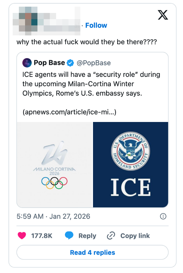 En tweet som spør ICE-agenter' sikkerhetsrolle ved vinter-OL i Milano-Cortina i 2026. Inkluderer logoer for OL og ICE