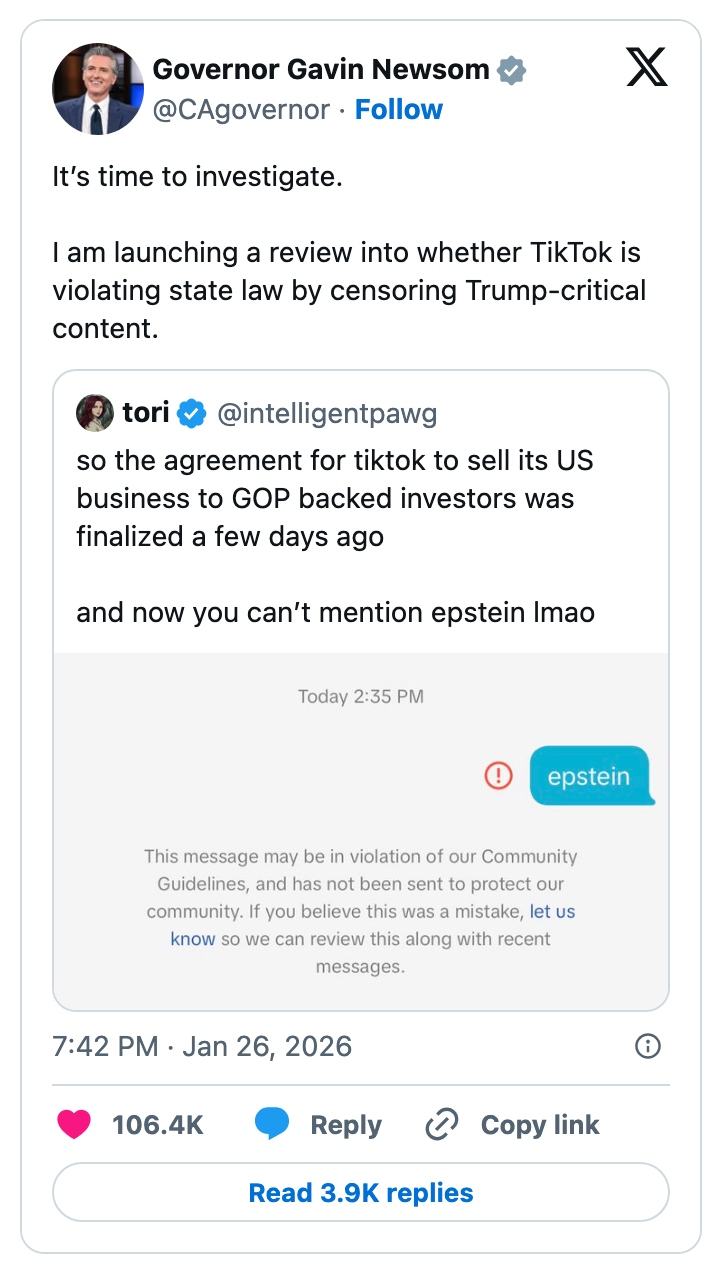 Gavin Newsom tweet om å undersøke TikTok for potensiell sensur etter at en kontroversiell melding som involverte Jeffrey Epstein ble flagget